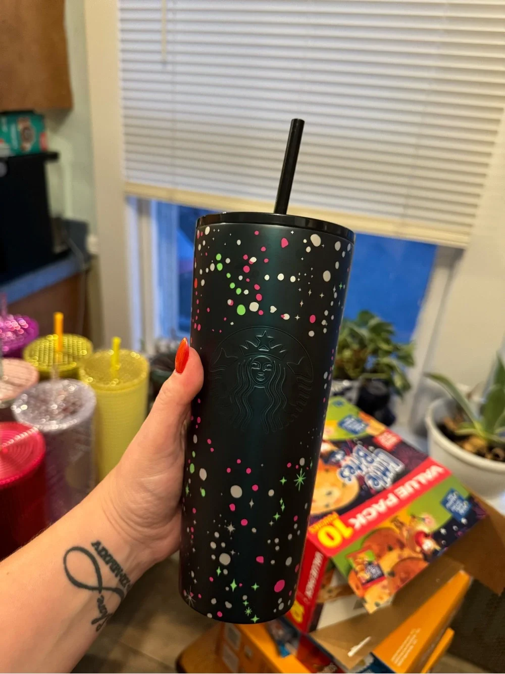 Starbucks Dark Green Tumbler with Multicolor Confetti Dots and Straw